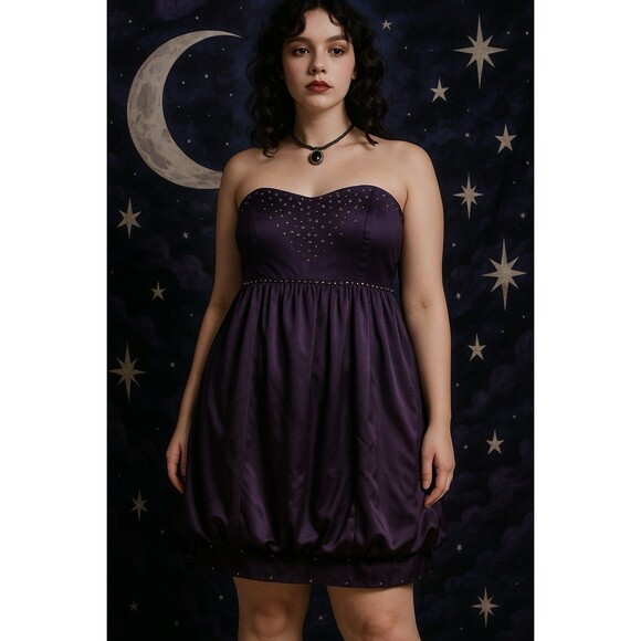 Vtg Narianna Satin Bubble Hem Strapless Dress Beaded Jr XL Purple Y2K Whimsigoth - Picture 1 of 10